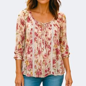 Watercolor Floral Boho Top Women L Pink Lace Fairy Cottagecore Peasant Soft Girl